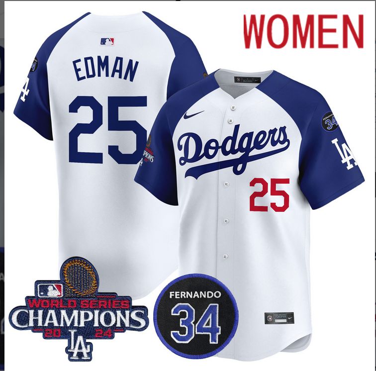 Women MLB Los Angeles Dodgers #25 Edman white 2024 World Series Champions Patch Limited Jersey style 2